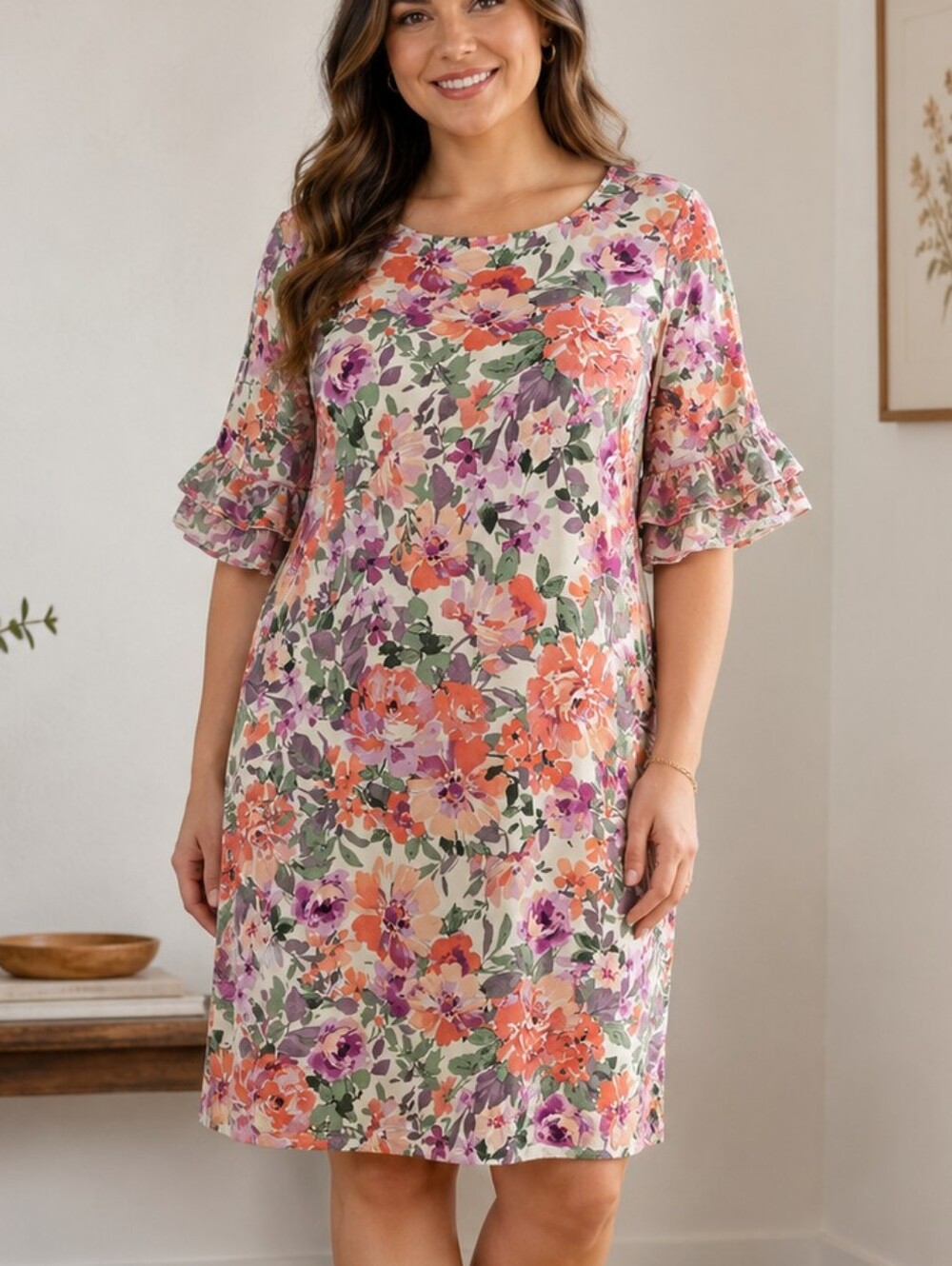 Perceptions NEW Floral Shift Dress Ruffle Sleeves Sz L Coquette Summer Modest